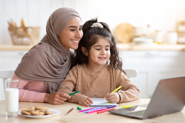 Mother and daughter learning together at home